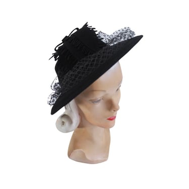 PRISTINE 1940s Bold Black Felt Picture Hat with Veil - 1940s Black Picture Hat - 1940s Womens Black Hat - 1940s Veiled Hat - 1940s Black Hat 