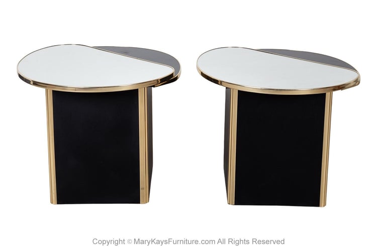 Pair Postmodern End Side Tables Mirror Top Black Pedestal Base 