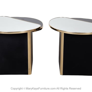 Pair Postmodern End Side Tables Mirror Top Black Pedestal Base 