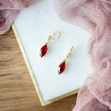 ruby red crystal earrings, Swarovski earrings, Regency Art Deco marquise dangle drop earrings, gift for her, July birthstone 