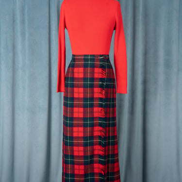 Vintage 1970s Pendleton Wallace Tartan Red Plaid Ankle-Length Wool Wrap Skirt with Blanket Fringe Detail 