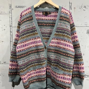 Vintage Eddie Bauer Cardigan Sweater Wool blend pink abstract button up cottage core size small Fair isle 