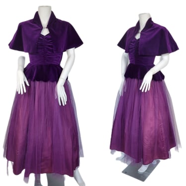 2 Pc 1950's Purple Velvet Tulle Prom Dress Gown I Sz XS I Party Dress I Capelet 