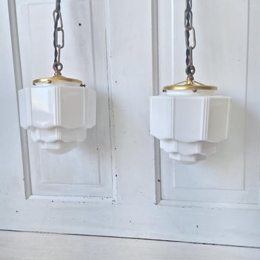 Pair Vintage Pendant Art Deco Lights, White Glass and Brass Lights, Kitchen Island Lighting, Architecture Salvage 053001 