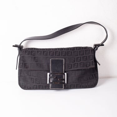 Vintage FENDI Black Zucchino Baguette Bag in Canvas + Leather Bag Black Monogram FF Zucca Logo and Silver Hardware Shoulder Bag Y2K 