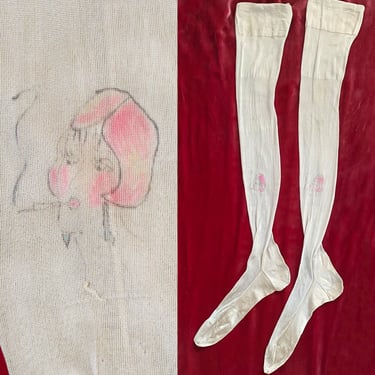 RARE Antique Stockings / 1920s Hand Painted Flapper Girl Smoking Cigarettes Silk Stockings 