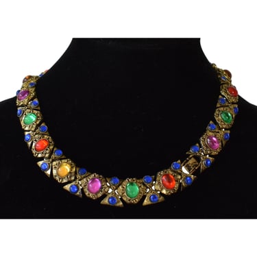 Vintage 80s Jewels of India Style Necklace, Rhinestone Statement Jewelry, Red Purple Blue, Mughal Mogul Style Colorful Gift for Her 