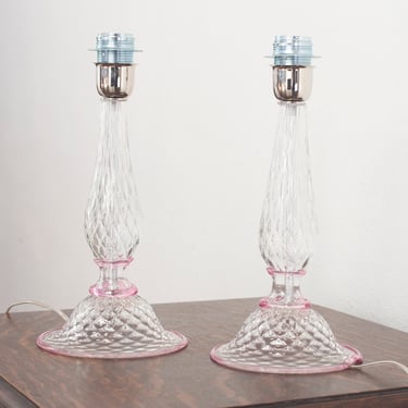 Set of 2 Transparent Murano glass table lamps with pure pink decorations, handmade Made in Italy 