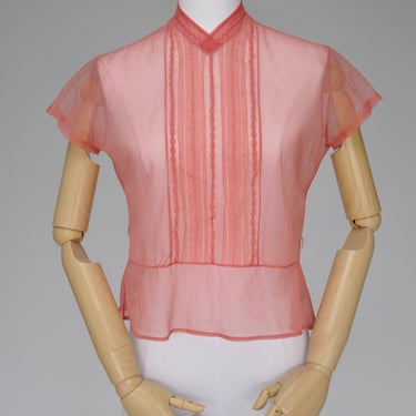 1950s coral sheer nylon pleated blouse XS-M 