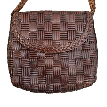 Vintage 1970s Womens Dark Brown Leather Basket Weave Crossbody Beach Purse 