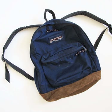 90s Jansport Backpack Suede Leather Bottom - Vintage 1990s made in USA Navy Blue Nylon Rucksack School Bag 