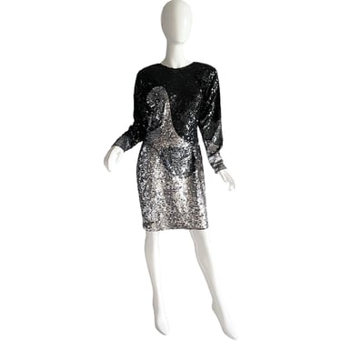 Vintage 80s Sequin Dress / Silver Wave Disco Party Dress / 1980s Abstract Sequins Dress 