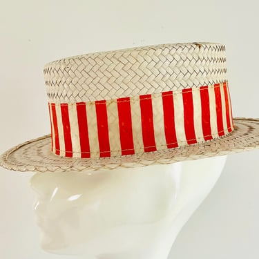 Vintage 1960s Retro Preppy White Straw Wicker Boater Regatta Hat Striped Red Band Barbershop Quartet 