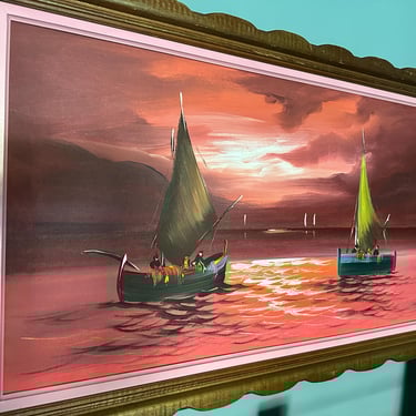 Mid Century Junk Boat Painting / Fishing Boat Sunset Sunrise Dawn / Asian Chinese / Pink Red Mauve Oil Painting on Canvas / MCM Tiki Vintage 