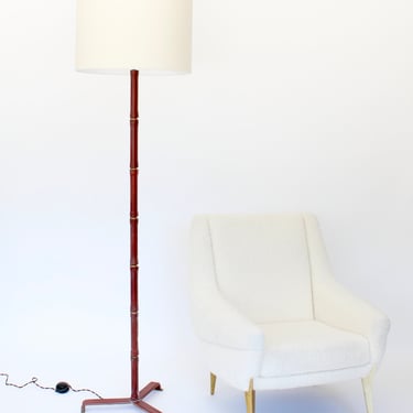 Jacques Adnet Cognac Red Leather and Bronze French Floor Lamp 