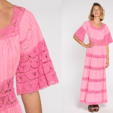 70s Mexican Dress Pink Bohemian Mexican Wedding Crochet LACE Sheer Bell Sleeve Pintuck Boho Hippie Vintage Empire Waist Small Medium 