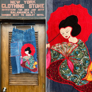 Vintage 1970’s “Florucci” Label Geisha Lady Hippie Patchwork Denim Skirt, Vintage Denim, Jeans, Appliqué, Geisha, 1970s Levis, Patchwork, 