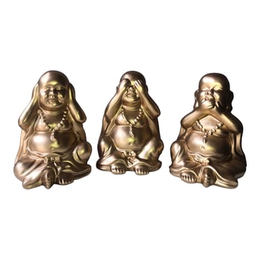 Vtg 8” Porcelain HEAR/SEE/SPEAK No Evil Buddha Figurines | x 3 Gold Happy Buddhas | Japanese Lucky Bookends | Feng Shui Meditation Statues 