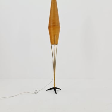 Mid century German tripod floor lamp in Brass and cocoon shade By Klingele for Artimeta 1957s 