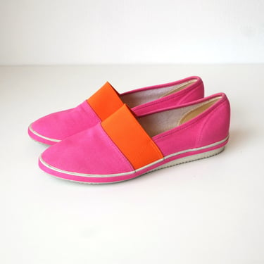 Vintage 1980s Truffles Pink and Orange Canvas Slip On Shoes Size 8.5M 