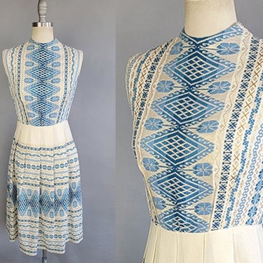1960s Dress / 1960s Blue, White, and Metallic Gold Moroccan Weave Dress with Matching Belt / Hand Woven Moroccan Fabric / Size Extra Small 