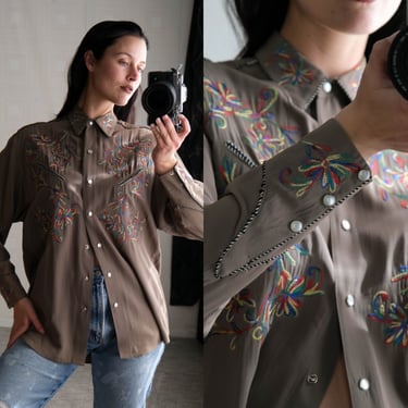 Vintage 80s ABS Allen Schwartz  Womens Rayon Chainstitch Western Shirt | Made in USA | 1980s Designer Rainbow Chainstitch Pearl Snap Top 