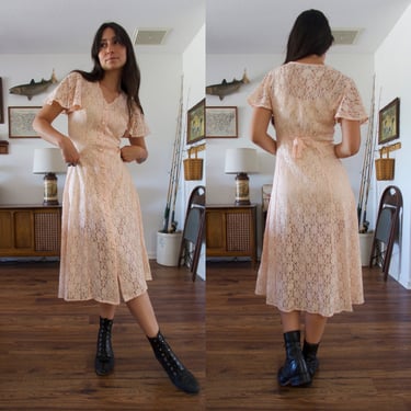 Vintage 90's Dawn Joy Fashions Pink Lace Button-down Dress 