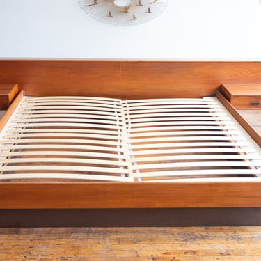 Vintage Mid Century Danish Teak King Size Platform Bed with Floating Nightstands 