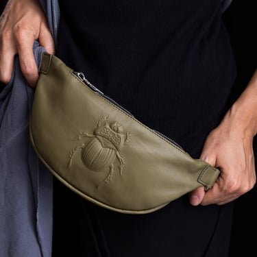 Olive Scarab Embossed Leather Belt Bag