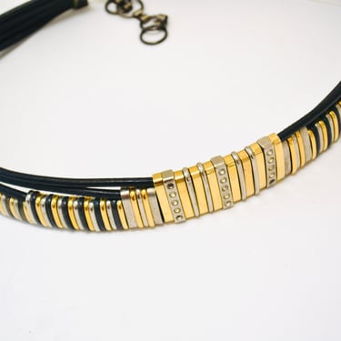 80s Vintage Black Gold Studded Rhinestone belt by Michael Morrison Black Leather Gold fringe Metallic Belt Rockstar Belt Medium large 