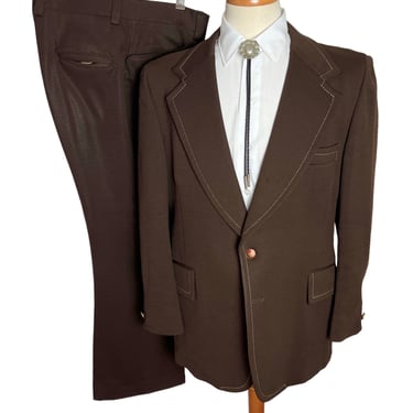 Vintage 1970s 2pc MOD Brown Suit ~ size 42 Reg ~ jacket / pants ~ Bellbottoms / Bootcut / Flare Leg Trousers ~ Western 