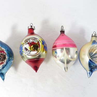 Vintage Christmas Teardrop Ornaments - Set of 4 Handblown  Ornaments 