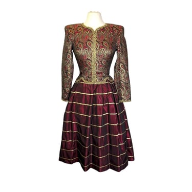 Vintage 90s Retro Formal Joan Leslie Burgundy Gold Taffeta Prom Party Dress Size 6 Renaissance Revival USA Made 