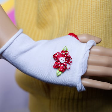 White with Red Flower Fingerless Gloves 