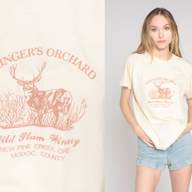 Stringer's Orchard Winery Shirt 80s Plum Wine Shirt New Pine Creek Oregon Deer Graphic Tee Single Stitch Beige Vintage 1980s Medium Large 