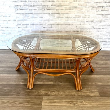 Vintage Bamboo Coffee Table | Glass Top Coffee Table | Rattan Table | Bentwood Table | Living Room Furniture | Wicker Table 