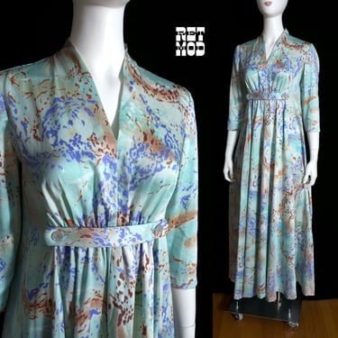 Groovy Vintage 60s 70s Blue Brown Abstract Patterned Caftan Style Dress 
