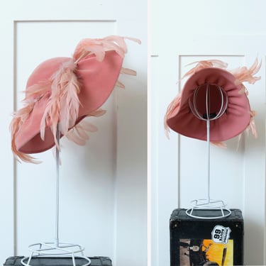 vintage pink feather hat • dramatic wide brim German picture portrait hat • chapeau by Mia 