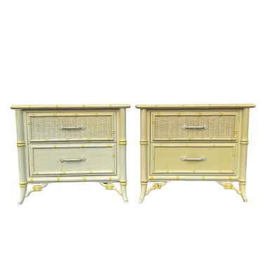 Set of 2 Faux Bamboo Nightstands by Stanley FREE SHIPPING - Vintage Rattan Wicker Chinoiserie Hollywood Regency Coastal Yellow End Tables 