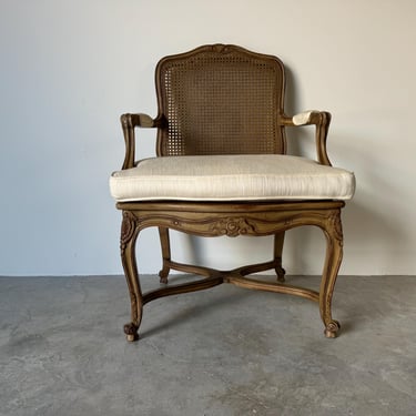 1970's Hollywood Regency French Louis XV - Style Carved Wood Cane Fauteuil Armchair 