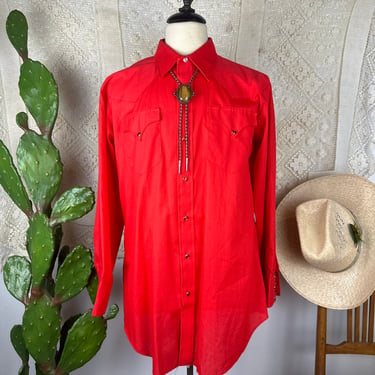Vintage H Bar C Western Button Down w Pearl Snaps Red on Red 17-33 