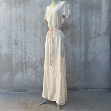 Vintage 1930s Pale Pink Silk Wrap Dress Maxi Bias Cut Boudoir Ribbons Short Slve