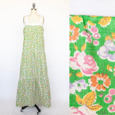 1970s Maxi Dress Sleveless Cotton Floral M 