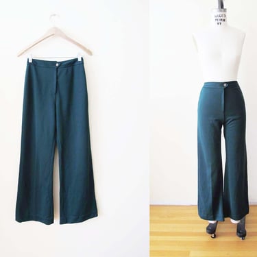 Vintage 70s Wide Leg Pants S 26 - 1970s Dark Green Forest High Waist Polyester Cropped Trouser Pants 