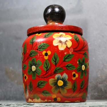 Vintage Red Wooden Trinket Jar | Made in India, Circa 1980s | Hand-Painted Floral Motif with Knobbed Lid 
