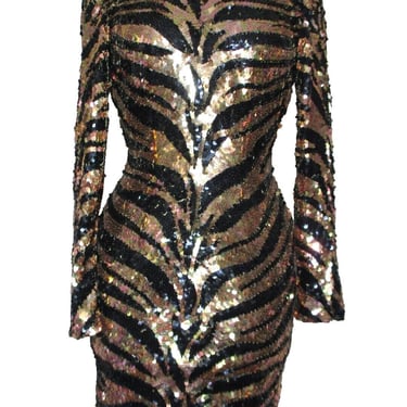 Lillie Rubin, Vintage 80s Sequin Dress, XS Women, Gold Copper Black, Tiger Stripe 