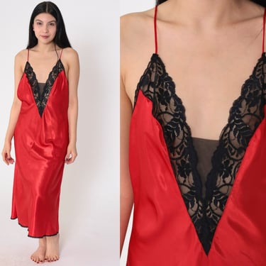 Red Slip Dress 90s Val Mode Lingerie Nightgown Low Open Back Black Lace Trim Midi Sleeveless Backless Sexy Boudoir Vintage 1990s Medium M 
