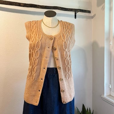 Pale Pink Chunky Cable Knit Sleeveless Button Front Vest Top Sweater Size Medium 