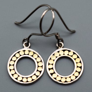 70's sterling vermeil circles on circle hippie dangles, little 925 silver boho polka dot earrings 
