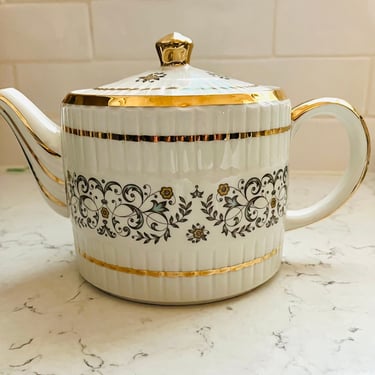 Vintage Circa 1960s Ellgreave Wood and Sons White and Golden Floral Ironstone Teapot Made in England by LeChalet
